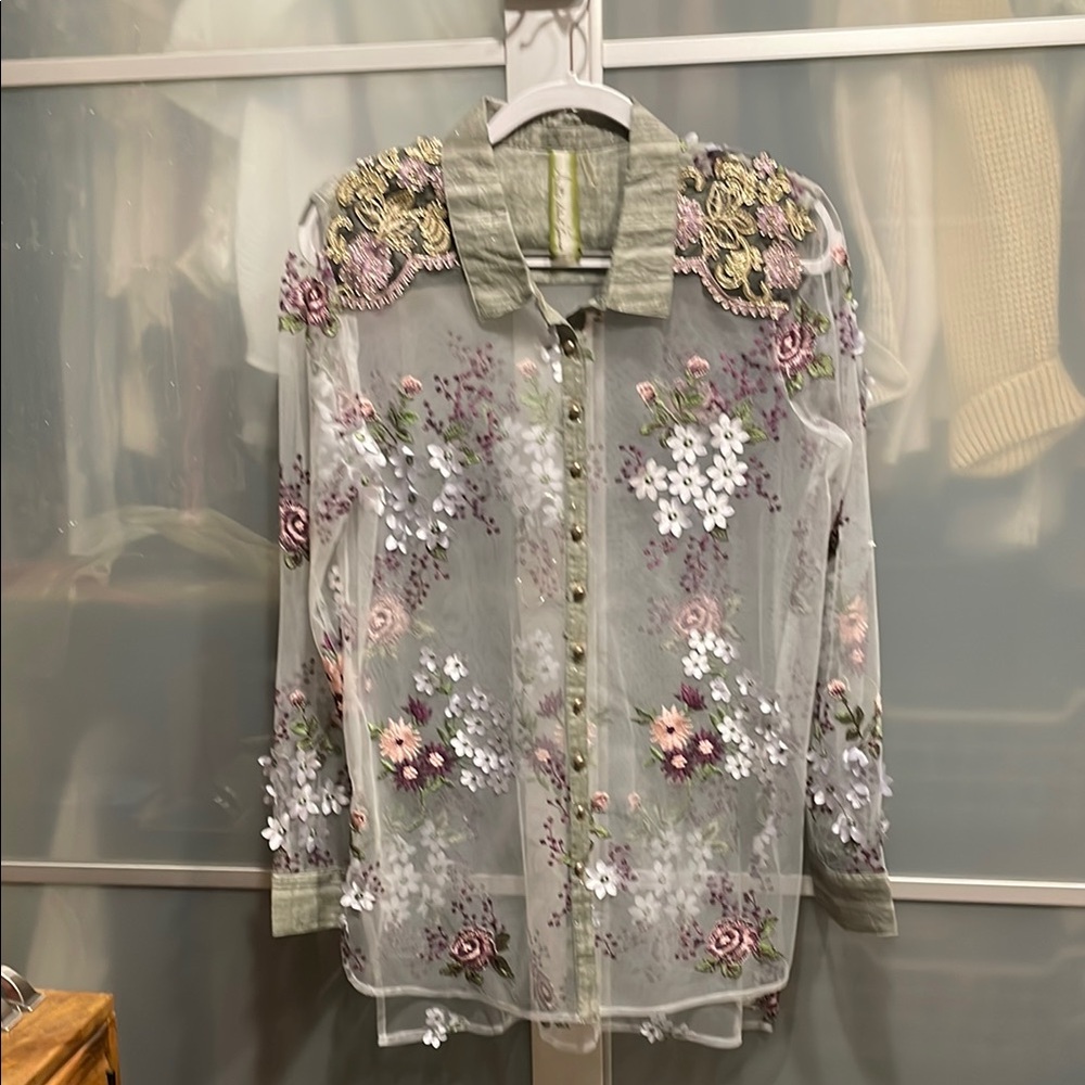 Aratta Sheer Floral Embroidered Top - Green and Purple